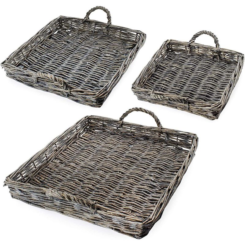 AuldHome Design Rustic Willow Basket Trays, Set of 3 (Square, Gray Washed); Natural Wicker Decorative Farmhouse Trays, 1 of 8