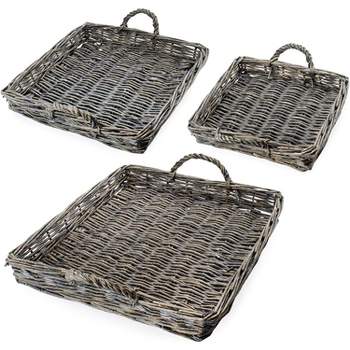 AuldHome Design Rustic Willow Basket Trays, Set of 3 (Square, Gray Washed); Natural Wicker Decorative Farmhouse Trays