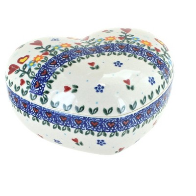 Blue Rose Polish Pottery Hearts & Flowers Large Heart Box