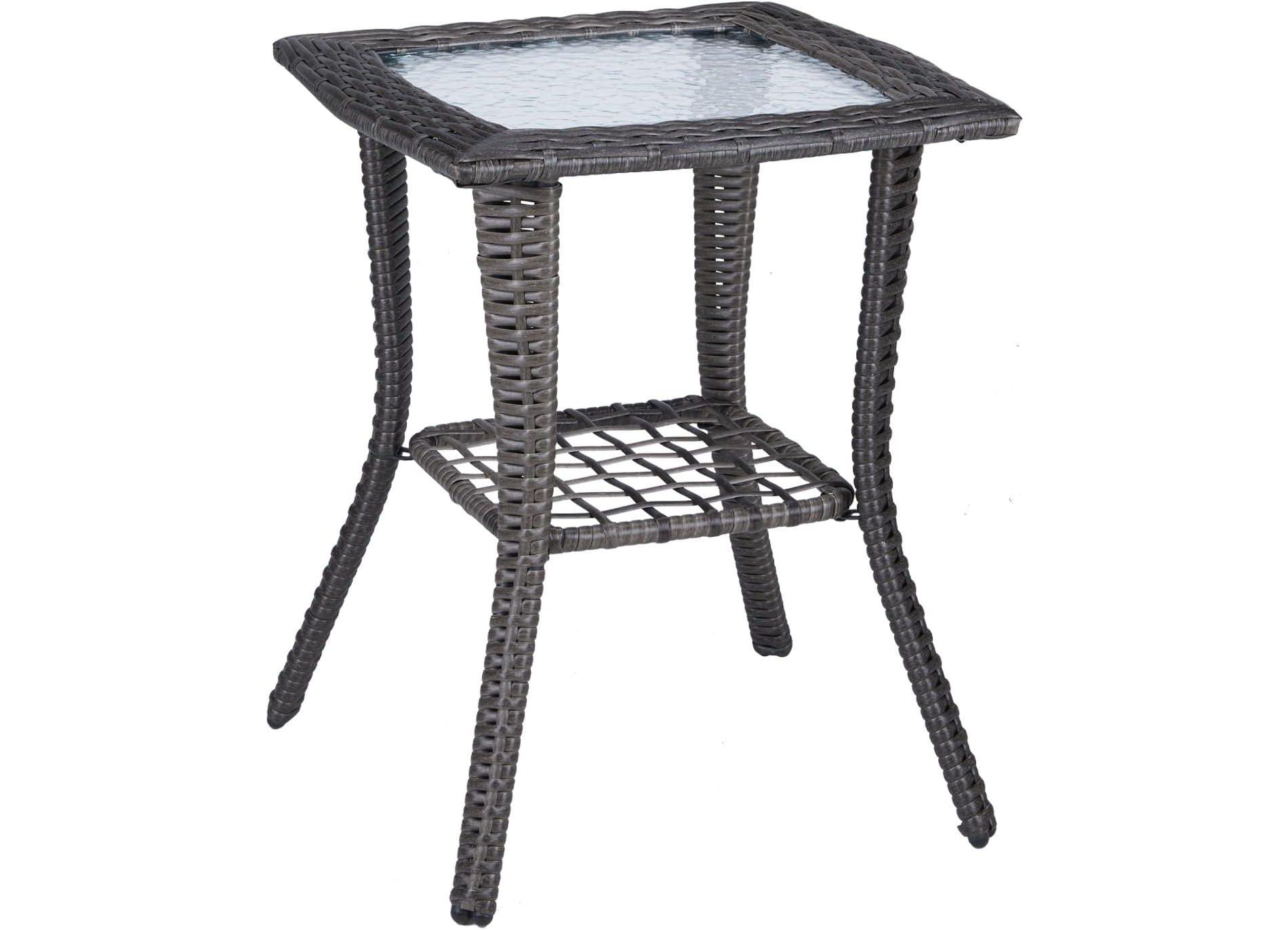 VINGLI Outdoor Side Table with Storage Wicker Patio Side Table, Tempered Glass Top End Table for Balcony Porch Deck (Grey)