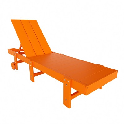 Bright Orange Modern HDPE Reclining Outdoor Chaise Lounge with Wheels and Side Table