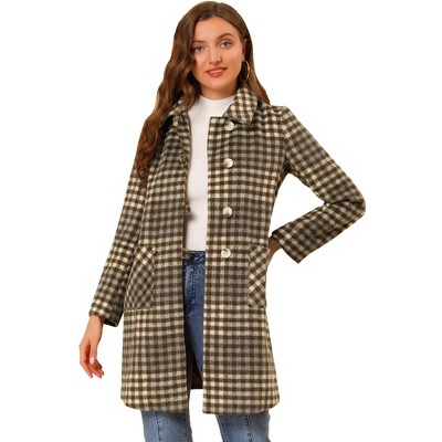 Allegra K Women's Turnover Collar Winter Elegant Long Plaid Coat