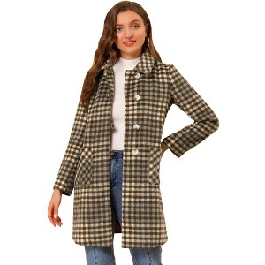 Allegra K Women's Turnover Collar Winter Elegant Long Plaid Coat - 1 of 4