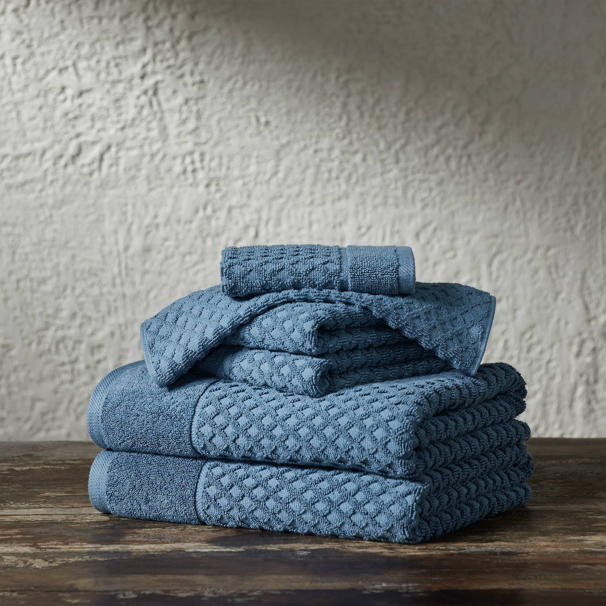 6pc Cotton Diamond Textured Assorted Bath Towel Set Blue - Isla Jade: Luxury Heavyweight Jacquard Weave, Stain-Resistant