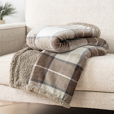 Taupe Plaid Sherpa Fleece Reversible Throw Blanket, 50" x 60"