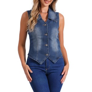 INSPIRE CHIC Women's Sleeveless Turndown Collared V Neck Button Down Waistcoat Denim Vest - 1 of 4