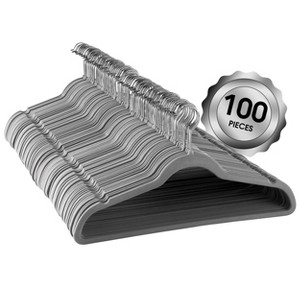 100 Piece Set of Velvet Slim Profile Heavy Duty Felt Hangers with Stainless Steel Swivel Hooks in Gray - 1 of 4