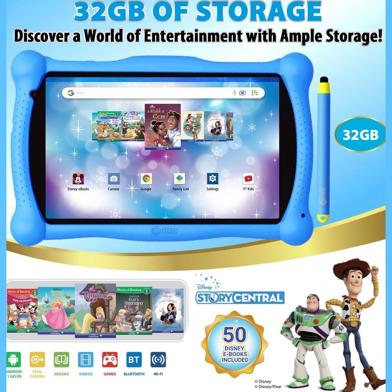 Contixo 7" Android Kids 32GB Tablet (2023 Model), Includes 50+ Disney Storybooks & Stickers, Protective Case with Kickstand & Stylus, 3 of 18