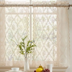 HLC.ME Isabella Floral Rod Pocket Lace Semi Sheer Voile Short Cafe Tiers for Small Windows - 1 of 4