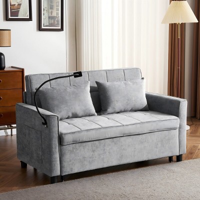 57 Inch Loveseat Pull Out Beds,Sleeper Sofa with a Reversible Backrest Cushion, Side Pockets,Two USB Ports and a Phone Holder-Maison Boucle