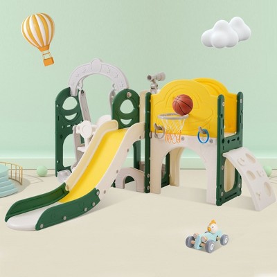7-in-1 Kids Slide And Swing Set, Toddler Freestanding Slide Playset With Basketball Hoop, Climbing Frame And Telescope,yellow
