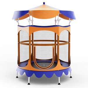 Costway 64'' Kids Trampoline w/ Detachable Canopy Safety Enclosure Net Foam Handle Pink/Orange - 1 of 4
