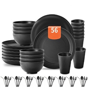 Itopfox 56-Piece Black Wheat Straw Dinnerware Set, Unbreakable Plates, Bowls, Cups & Utensils, Microwave & Dishwasher Safe, Reusable for Home, Office - 1 of 4
