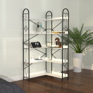 Runesay White 5 Tier Bookshelf, Industrial Style Corner Bookshelf, Thickened Iron Frame and Thickened Laminate Composition - 1 of 4