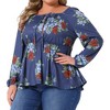 Women's Plus Size Floral Tie Keyhole Neck Long Sleeve Casual Peplum Blouse - Agnes Orinda - 2 of 4