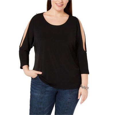 I.N.C International Concepts Womens Embellished Cold Shoulder Blouse, Black, 0X