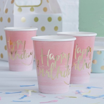 8ct "Happy Birthday" Paper Cups Pink