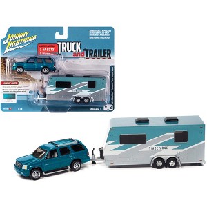 Johnny Lightning 1:64 Truck & Trailer 2005 Cadillac Escalade w/Camper Trailer Teal - 1 of 3