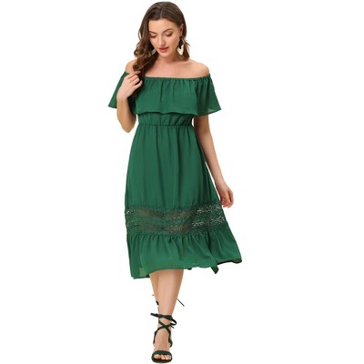 Allegra K Women's Off Shoulder Ruffle Lace Insert High Waist Short Sleeve Flowy Maxi Dress