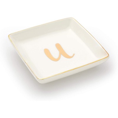 Juvale Letter U Ceramic Trinket Tray, Monogram Initials Jewelry Dish for Ring (4 Inches)