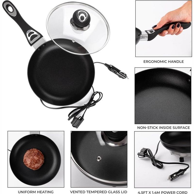 Zone Tech 12V Frying Pan and Saucepan Set with Glass Lids, Portable Non-Stick 7.5-inch Pan and 2-Quart Pot, Stay-Cool Handles, Rapid Heat Up, Portable, 3 of 10