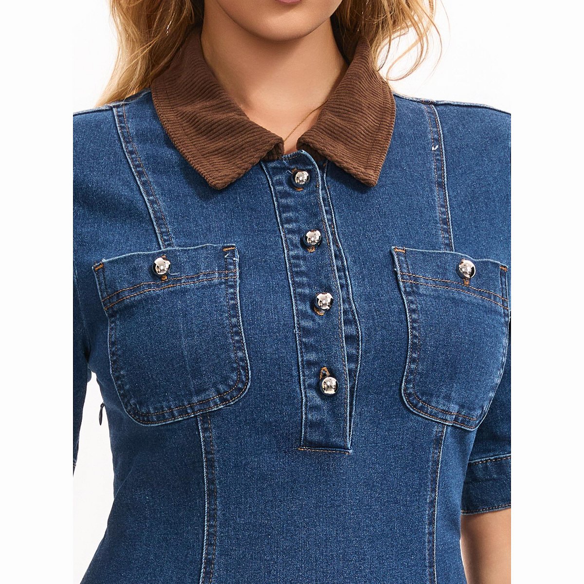 Женские платья INSPIRE CHIC Women's Jean Vintage Collared Button Short Sleeve Fit Flare Denim Dress X Large Blue — фото 5