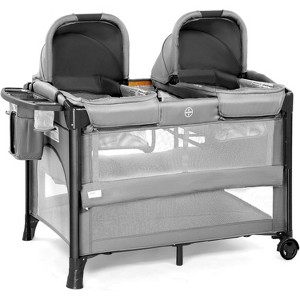 JOYMOR Twin Bassinet for Baby, Bedside Bassinet, Convertible to Bedside Sleeper and Playpen, with Wheel, Brake, Foldable Side Sleeper, Gray - 1 of 4