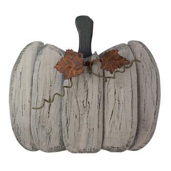Northlight 15" Small White Wooden Fall Harvest Pumpkin with Leaves and Stem