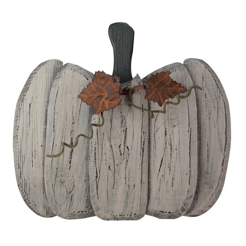 Northlight 15" Small White Wooden Fall Harvest Pumpkin with Leaves and Stem, 1 of 5
