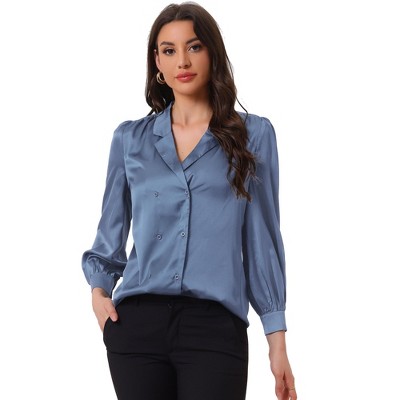 Allegra K Women's Satin Long Sleeve Work Business Casual Button Down Shirt  Grey Blue X-large : Target