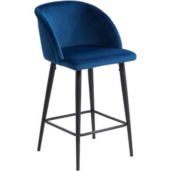 55 Downing Street Nigel Black Bar Stool 26" High Modern Blue Velvet Upholstered Cushion with Backrest Footrest for Kitchen Counter Height Island Home