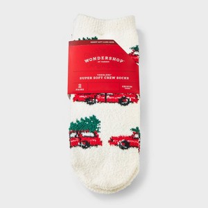 Toddler 2pk Cozy Christmas Car Tree & Checkered Crew Socks with Gift Card Holder - Wondershop™ Cream 2T-3T - 1 of 3