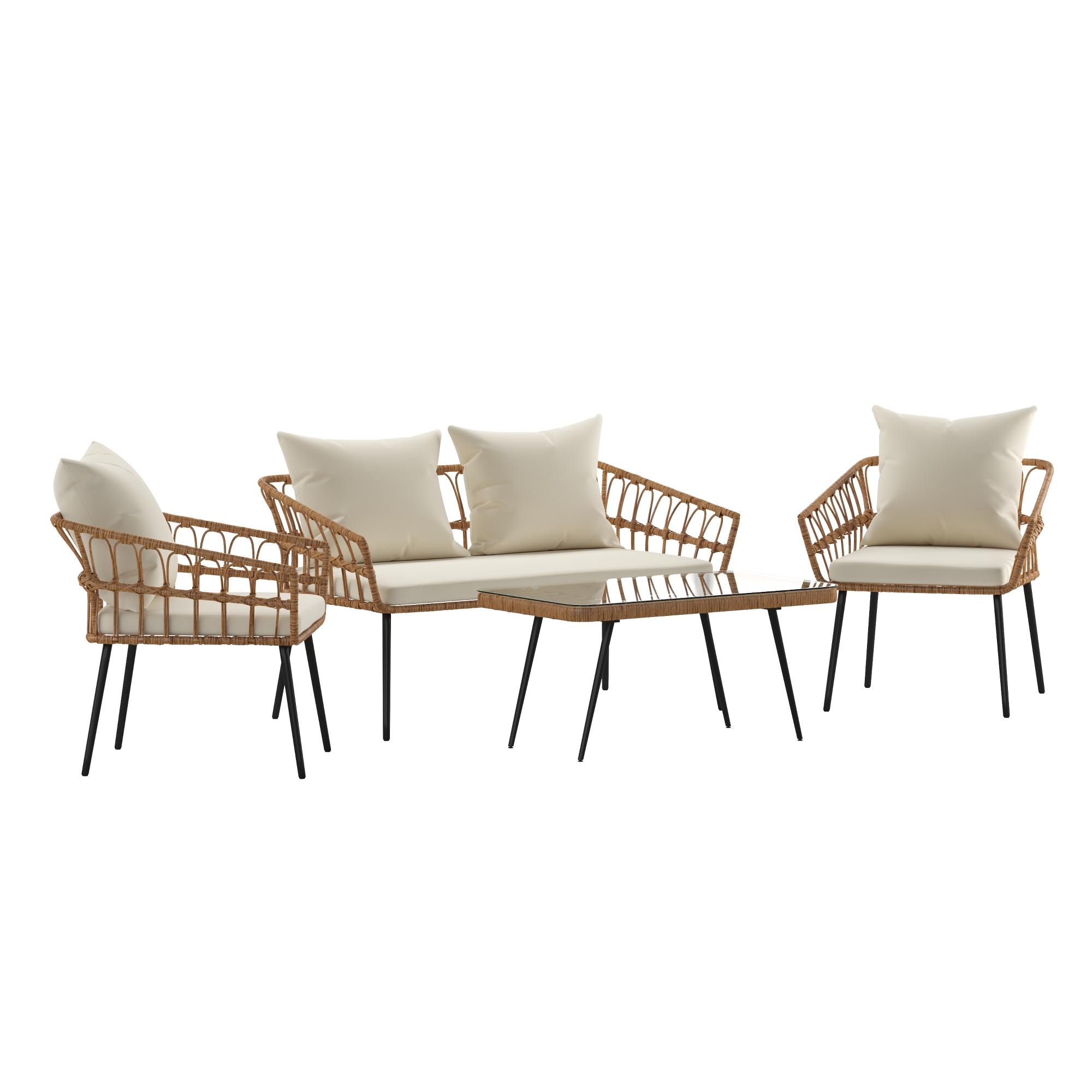 Emma and Oliver Four Piece Indoor/Outdoor Boho Open Weave Natural Rattan Rope Patio Set with Two Chairs, Loveseat and Table with Cream Cushions
