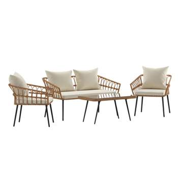 Merrick Lane Four Piece Indoor/Outdoor Boho Open Weave Natural Rattan Rope Patio Set with Two Chairs, Loveseat and Table with Cushions