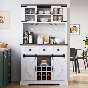 72" Farmhouse Wine Bar Cabinet with Sliding Barn Doors, Coffee Bar with Hutch, Wine Racks, Glass Holders, 4 Doors, 3 Drawers, Storage Shelves, White - 1 of 4