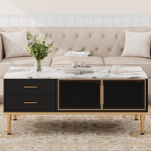 Coolmee Large Coffee Table for Living Room, Faux Marble Top with 4 Drawers & Glass Doors, Fluted Panel Design, Hidden Compartment and Storage Shelf - 1 of 4