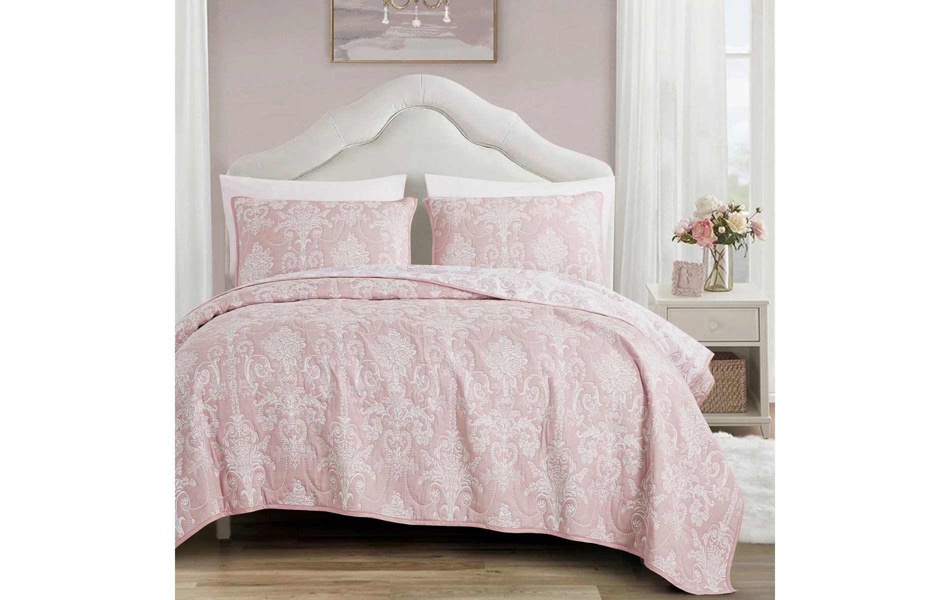 Home Mart Goods 3 Piece Pink White Modern Cotton Blend Quilt Bedspread