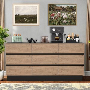 Large Sideboard Buffet Cabinet with 9 Drawers, Modern Storage Dresser for Kitchen, Dining Room, or Living Room, Black and Oak Wood Finish - 1 of 4