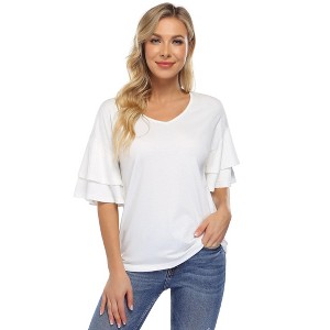Clearlove Women's Casual Blouses Ruffle Sleeve T Shirts V Neck Double Tiered Bell Sleeve Top - 1 of 4