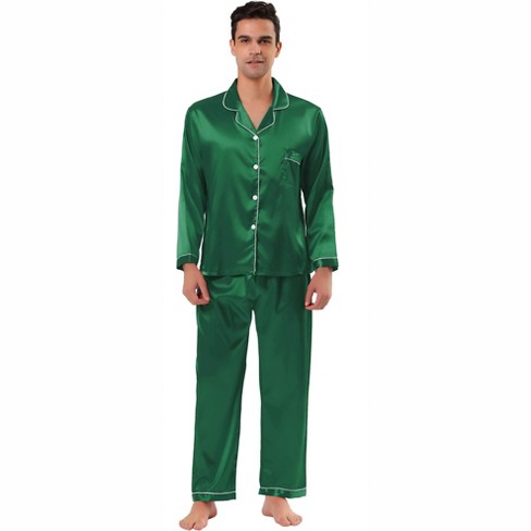 WDIRARA Men's Satin Sleepwear Plaid Button Long Sleeve Shirt and Pants Pajama Set