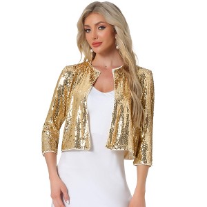Allegra K Women's Glitter 3/4 Sleeve Open Front Party Club Sequin Cardigan - 1 of 4