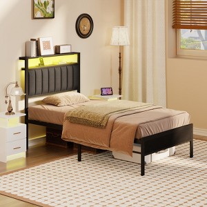 Furnulem Bed Frame with Charging Station and LED Lights, Platform Bed with Grey Upholstered Headboard with Storage Shelves, No Box Spring Needed - 1 of 4
