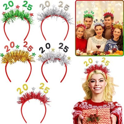 5 Pack Christmas Headbands for Women Men, Xmas Glitter Hair Hoop Tinsel Hair Accessories with Bows for Christmas Party Holiday Celebration