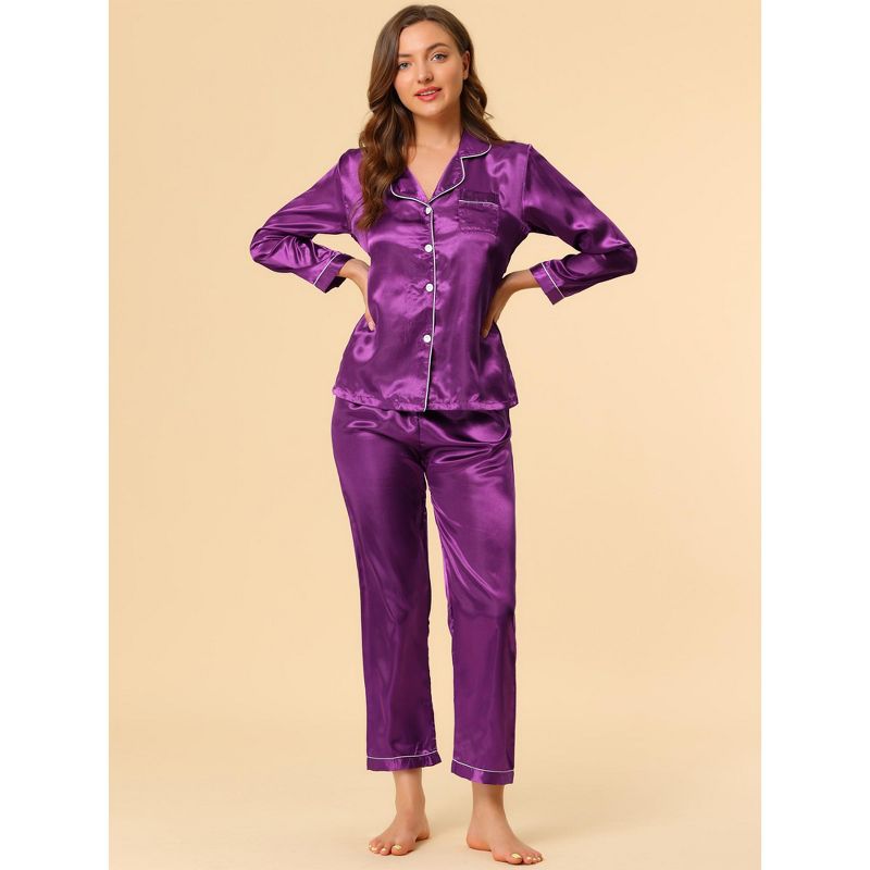 Allegra K Women's Satin Button Down Sleepshirt with Pants Halloween Pajama Set, 3 of 7