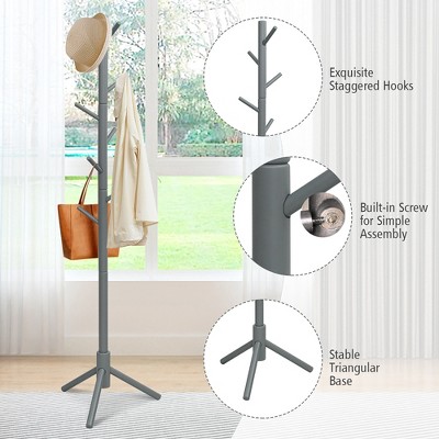 Gray Rubber Wood Adjustable Height Coat Rack with 8 Hooks