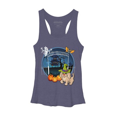 Women's Design By Humans Puppy Dog Witch Hat Halloween Ghost By Fractals Racerback Tank Top