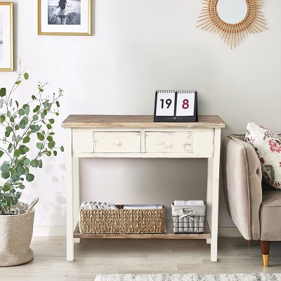 Vintage Distressed White and Natural Wood Console Table with Storage