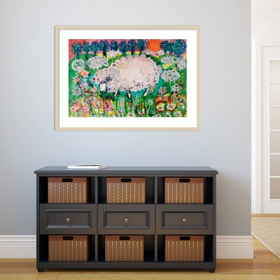 Colorful Sheep in Flower Field Wood Framed Wall Art Print