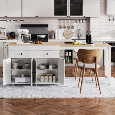 Ridstar 74.5 in. W Kitchen Storage Island with 2 Drawers, Extendable Dining Table & Spice Rack For Kitchen & Dining Room-Off White