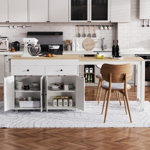 Ridstar 74.5 in. W Kitchen Storage Island with 2 Drawers, Extendable Dining Table & Spice Rack For Kitchen & Dining Room-Off White - 1 of 4